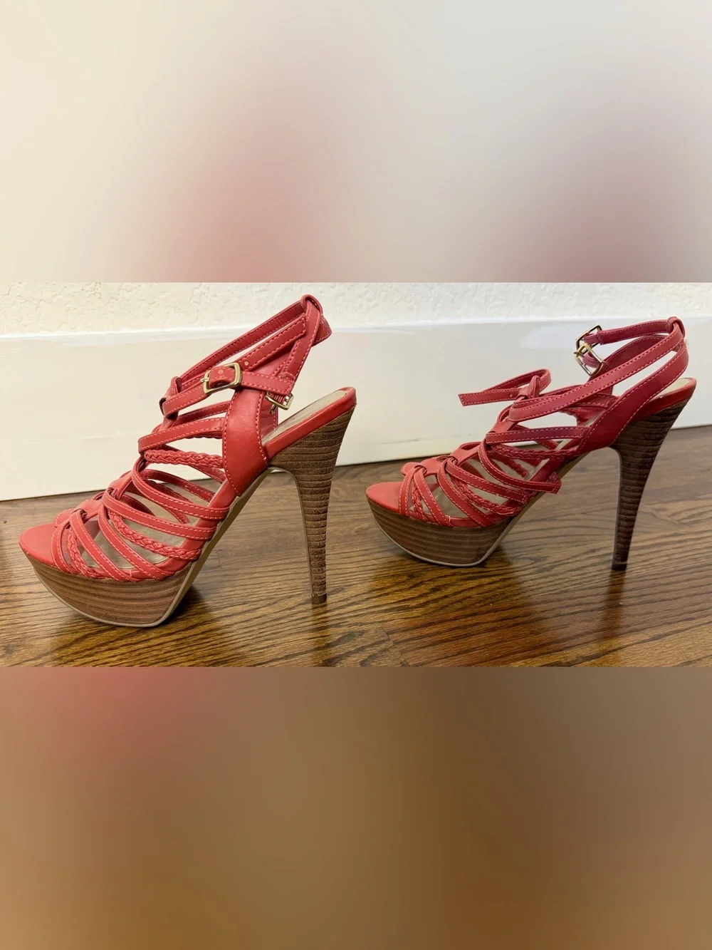 GUESS Coral Red Strappy Platform Heels